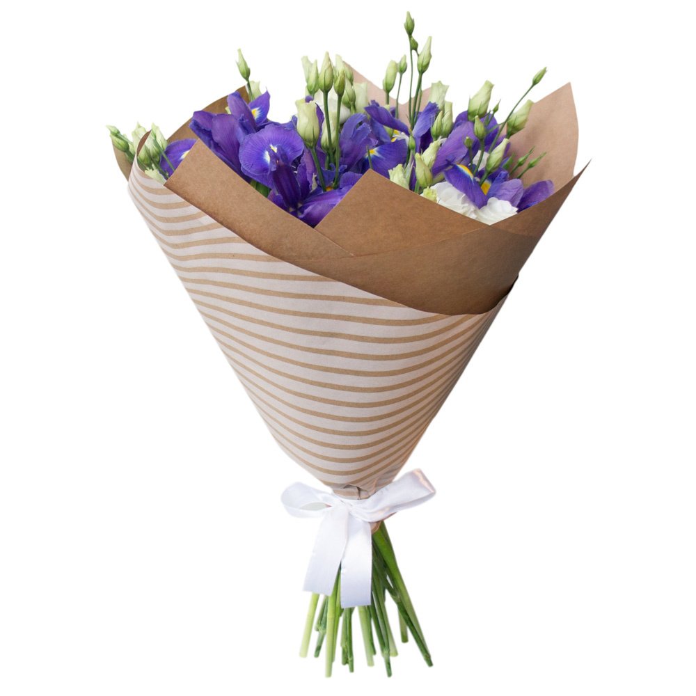 Изысканный букет из синих ирисов и белых эустом – гармония утонченности Адыгейск Республика Адыгея